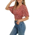 thumbnail image 3 of INSPIRE CHIC Women's Floral Flare Short Sleeve V Neck Summer Smocked Crop Tops M Burgundy, 3 of 4