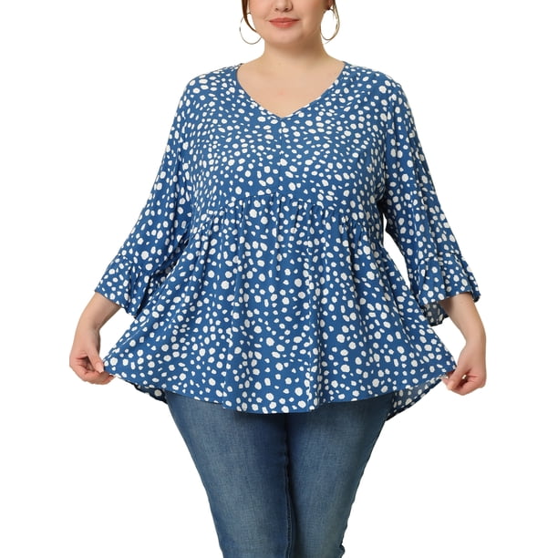 GRACE & GRANDEUR Blusas de mujer de talla grande para el Día de la Madre, con puntos, cuello en V, mangas 3/4, dobladillo peplum, estilo babydoll, 3X, azul