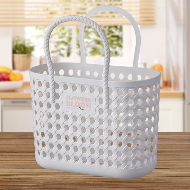 Large Handheld Storage Basket White Plastic Bath Basket Portable Storage Organizer for Bathroom,(1-Piece) Rkxzt