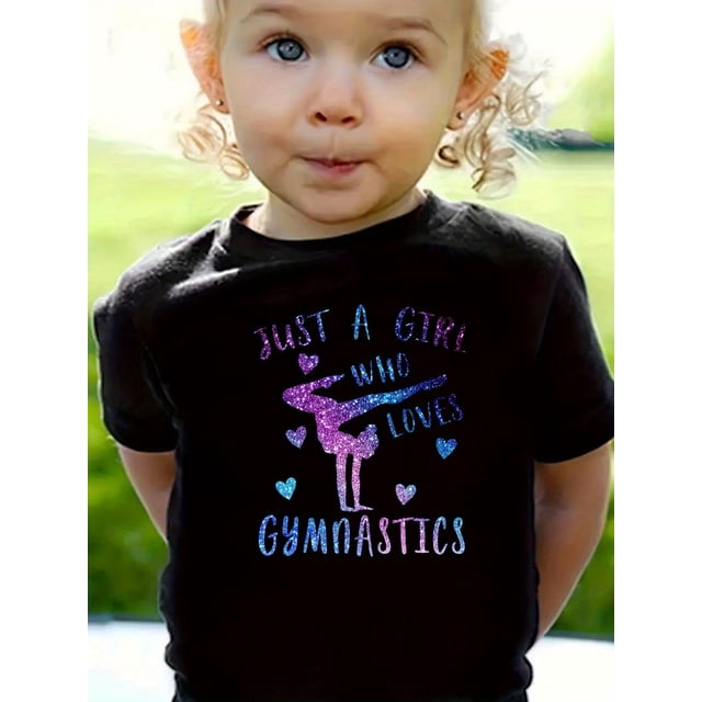 Girls' Gymnastics T-Shirt, Casual Knit Cotton Tee, Short Sleeve, Round Neck, Summer Fashion, Letter Print, Comfort Fit, Youth Sports Apparel