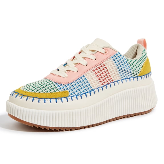 LUCKY STEP Fashion Chunky Retro Braided Uppers Sneakers Platform Casual Shoes,Pink&Yellow multi Knit,Womens
