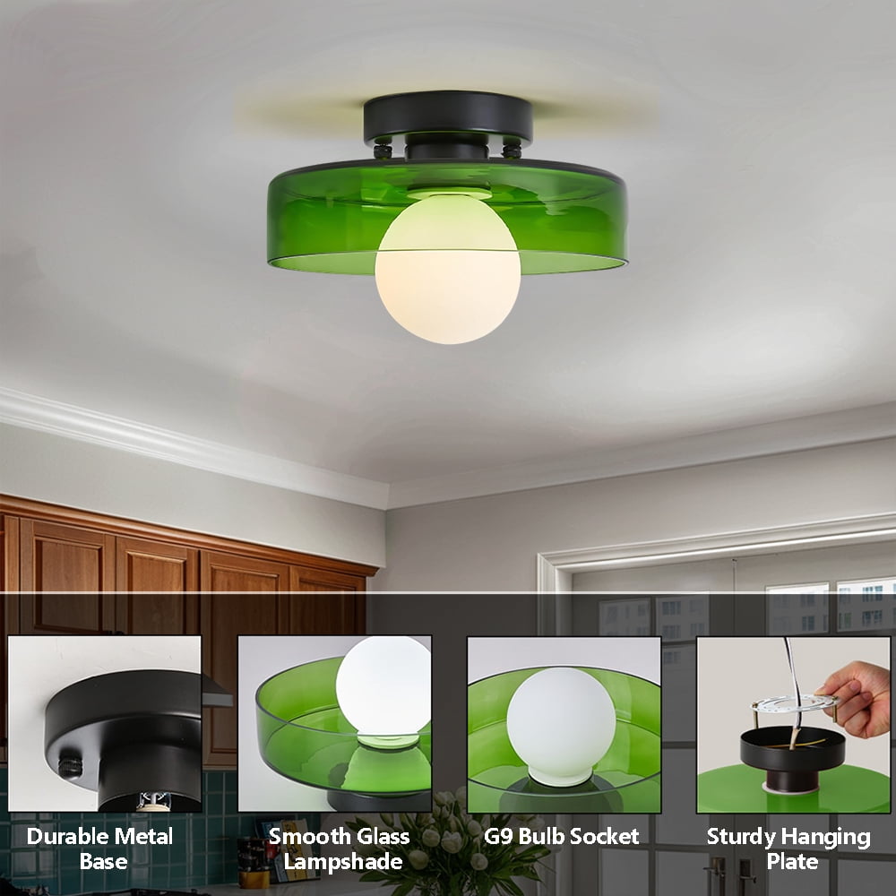 Mid-Century Modern Semi Flush Mount Ceiling Light, Kitchen Ceiling Light Fixture with Glass Shade,Vintage Close to Ceiling Lamp for Entryway Hallway Bathroom