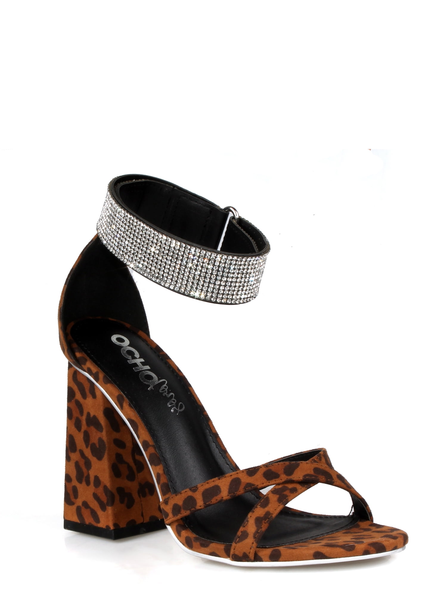 Dainzuy Womens Leopard Print Flip Flops Sandals Fashion Rhinestone Slip On Ankle Strap Block Heel Beach Slippers 