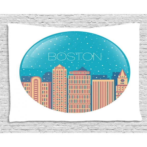 Boston Tapestry, Snow Globe Inspired Design Falling Snow Flakes on Buildings, Wall Hanging for Bedroom Living Room Dorm Decor, 80W X 60L Inches, Sand Brown Dried Rose and Blue, by Ambesonne
