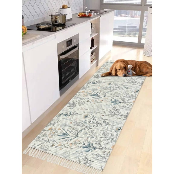 Blue Flower Entryway Runner Rug 2x4ft,Watercolor Floral Leaves Spring Botanical Washable Woven Living Room Hallway Bedroom Kitchen Carpet with Tassels,Indoor Outdoor Throw Door Mat for Entryway