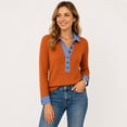 thumbnail image 4 of Lumtrix Sweaters For Women Trendy Denim Collar V Neck Long Sleeve Shirts Casual Lightweight Ribbed Knit Pullover Vintage Tops Saffron L, 4 of 5