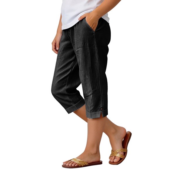 Back To School Clothes Plus Size Bermuda Shorts for Girls Knee Length Cotton Linen Elastic Waist Drawstring Shorts Summer Loose Capri Pant