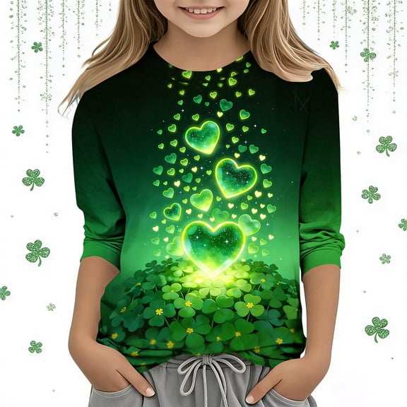 Cowsor Boys Girls St Patrick s Day Printed 3/4 Sleeve Crewneck Top Casual Holiday Base Layer Tee for 3-9 Years Old