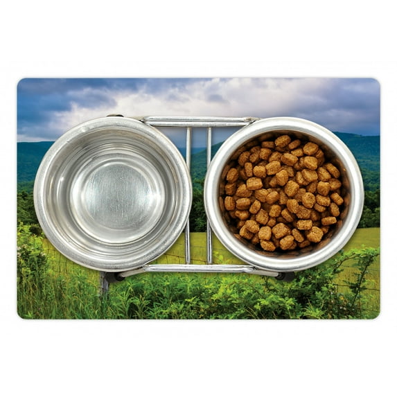 Appalachian Pet Mat for Food and Water, Rural Themed Photo of Old Fence and Mountains with Dramatic Sky, Non-Slip Rubber Mat for Dogs and Cats, 18" X 12", by Ambesonne