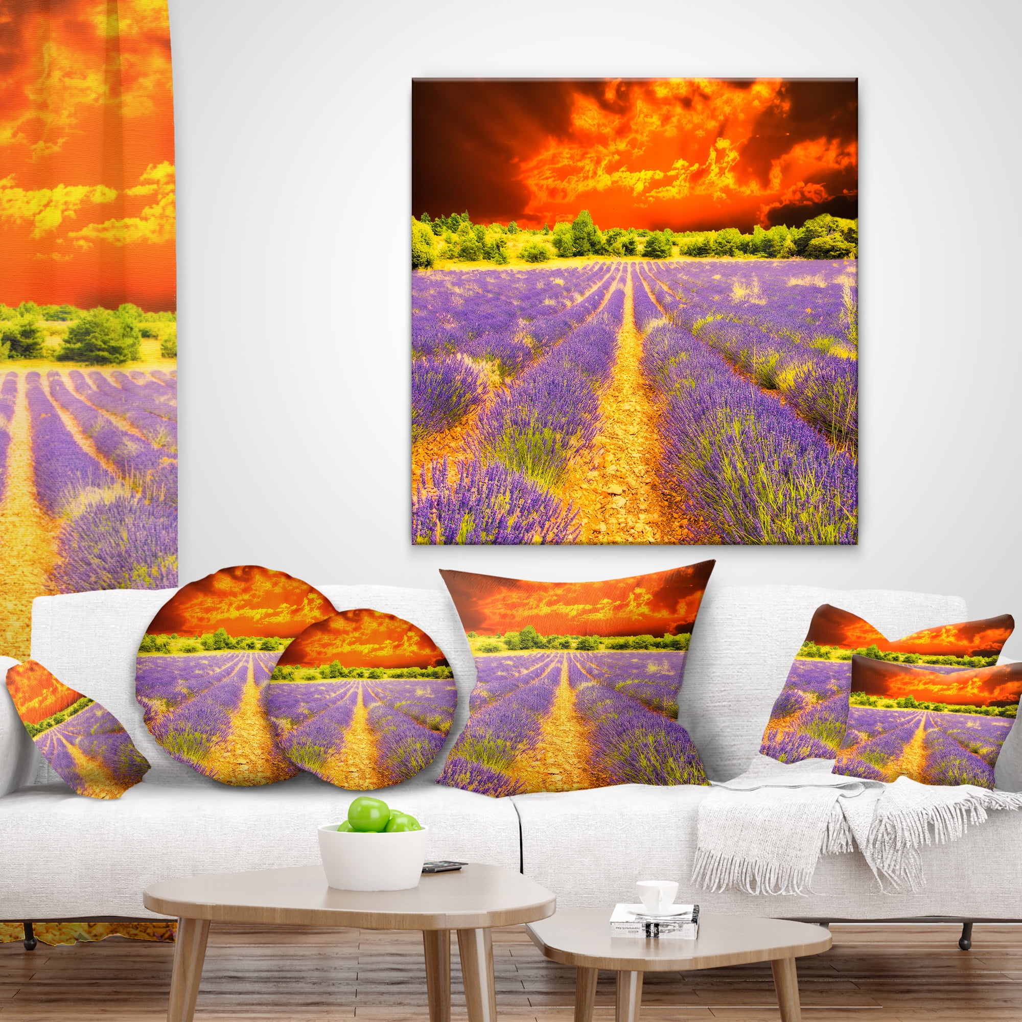 Designart Beautiful Lavender Field and Sunset - Floral Throw Pillow - 18x18