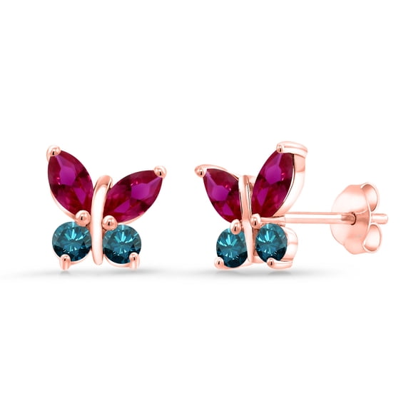 Gem Stone King 18K Rose Gold Plated Silver Marquise Red Created Ruby and Blue Diamond Butterfly Earrings for Women (1.60 Cttw, Gemstone July Birthstone, Center Stone: 6X3MM, Small Stones: 3MM)