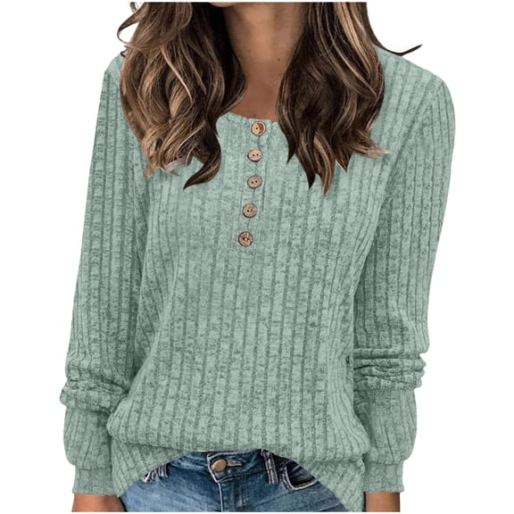 Sweaters for Women Crew Neck Casual Long SLeeve Solid Color Buttoned Knit Brushed Loose Sweater Tops