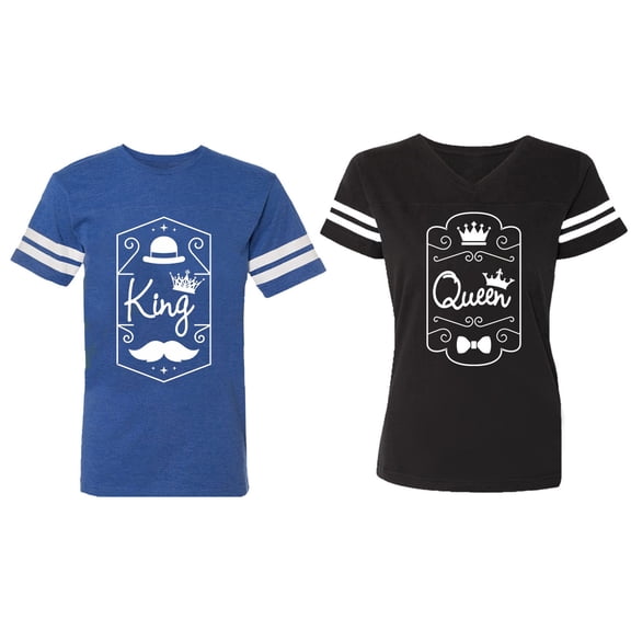 King Queen White Pentagon Matching Couple Cotton Jerseys (Men Royal / Women Black) (Men S / Women S)