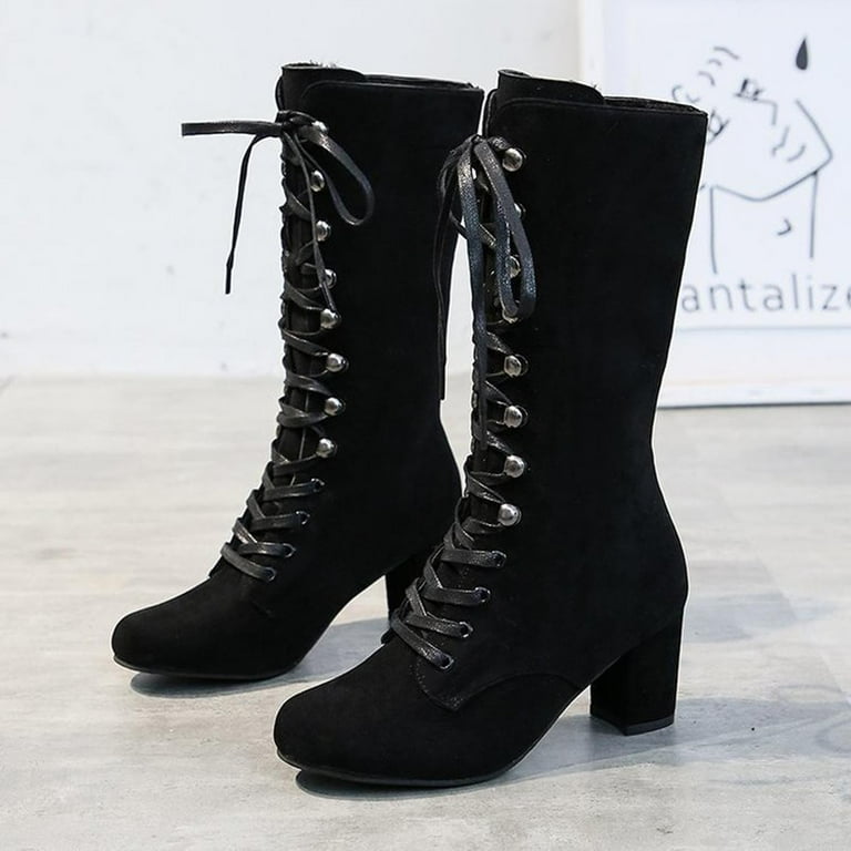 70s Black Leather Lace Up Knee High Boots