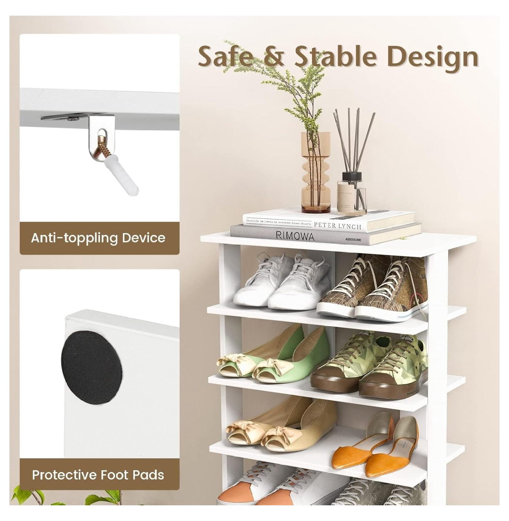 7 Tiers Vertical Shoe Rack, Wooden Slim Shoe Storage Shelf, Narrow Shoe Stand Tower for Boots, Space Saving Shoe Organizer for Closet, Entryway, Front Door (Large, White)