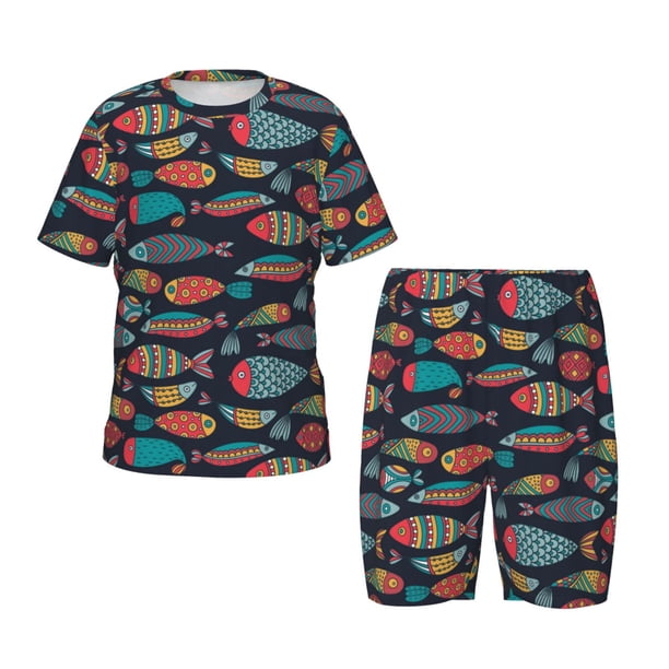 Balery Colorful Fish Conjunto de Pijama Infantil de Manga Corta con Estampado – Ropa de Dormir de Algodón Suave-X-Large