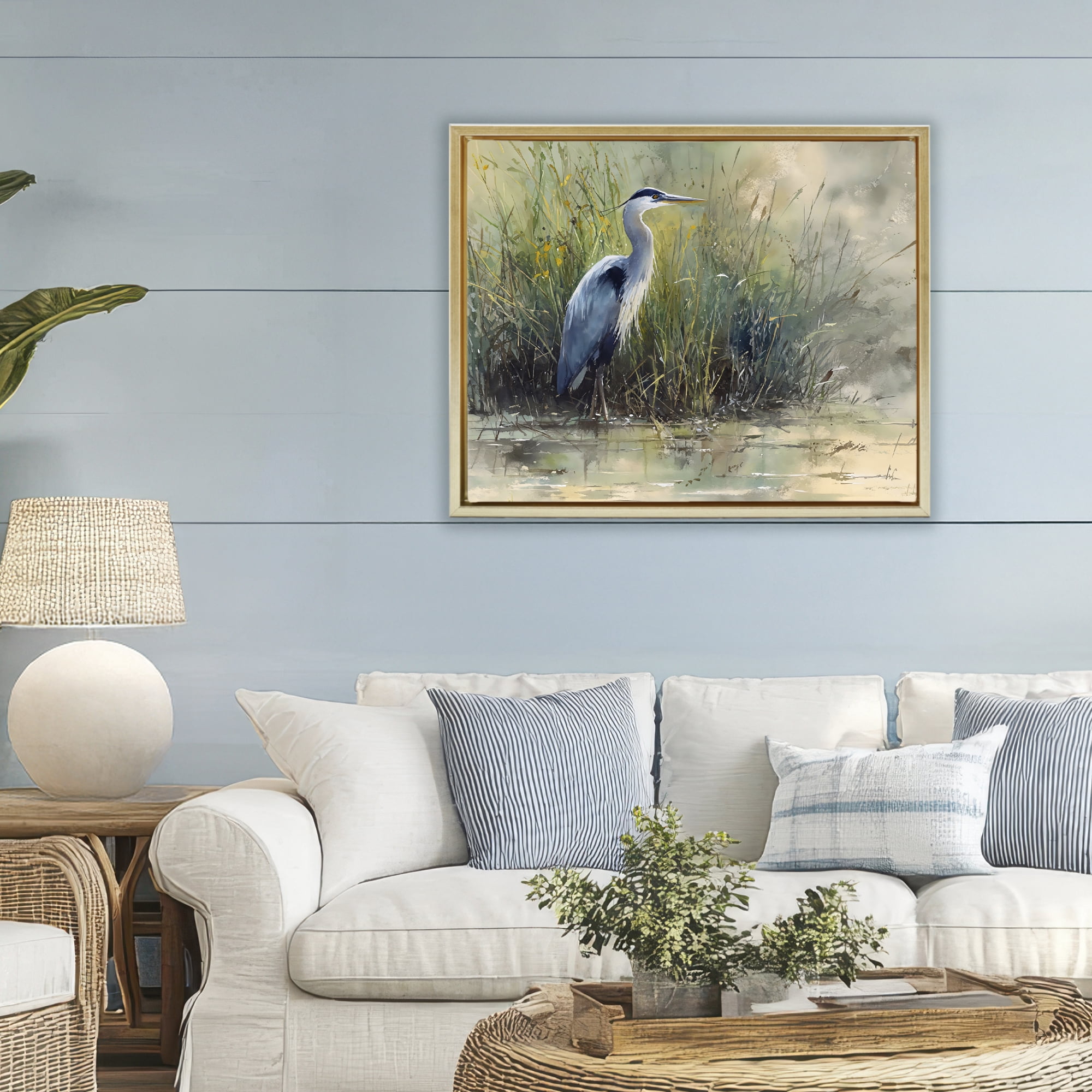 Stupell Industries Heron In The Grass Gold Framed Floater Canvas Wall Art, design by Franklyn Gregory