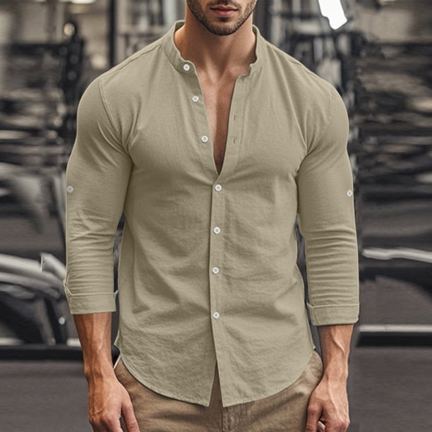 Blusa y camisa de manga larga con cuello alto para hombre, color liso, cuello alto, botones, cárdigan de manga larga, blusa de poliéster para hombre