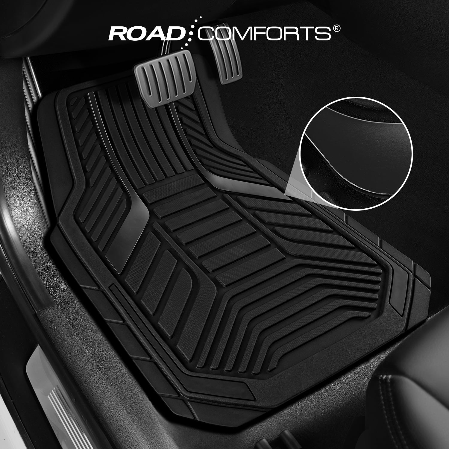Road Comforts Heavy Duty Rubber Floor Mats Black Aluminum Film Car Mats Set, Front and Rear Car Mats