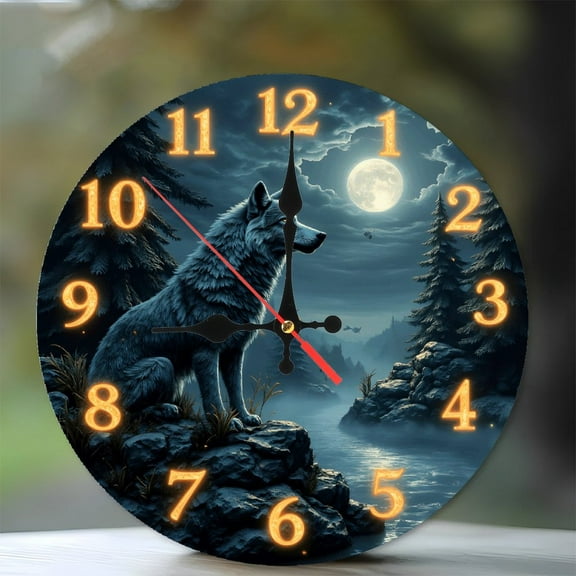 Wolf Moon Clock(1) 10-Inch Silent Wooden Wall Clock, Battery Operated (AA Batteries Not Included), Artistic Home Decor