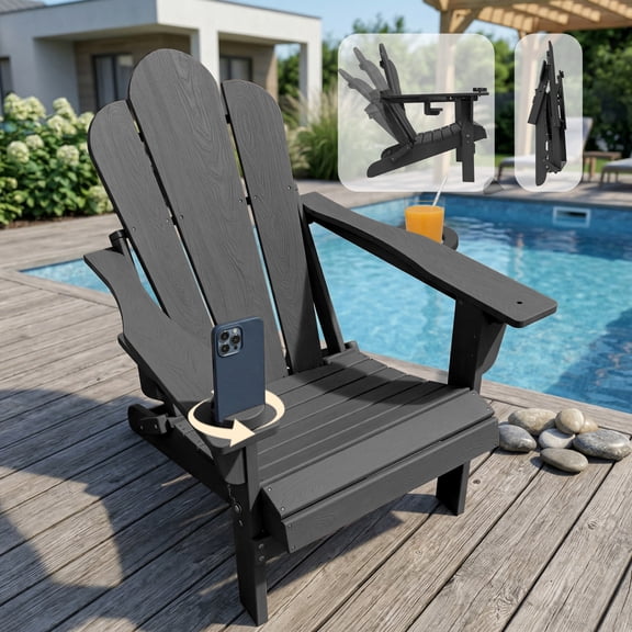 Tappio Folding Adirondack Chair All Weather HDPE Outdoor Patio Chairs with 3- Position Adjustable Backrest, Detachable Multifunctional Holders and Cup Holders, Fire Pit Chairs, Black