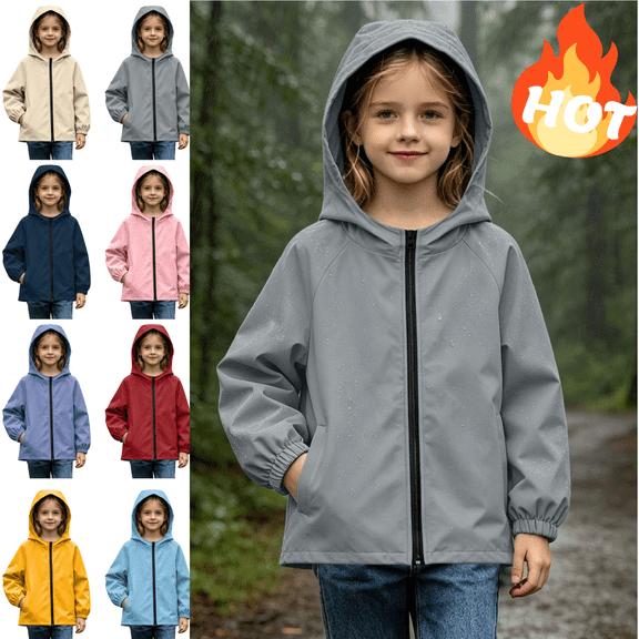 VEKDONE Girls Windbreaker Jacket Full Zip Hooded Softshell Raincoat Windproof Water Resistant Outdoor Play Hiking Outerwear with Pockets Gray,13-14 Years