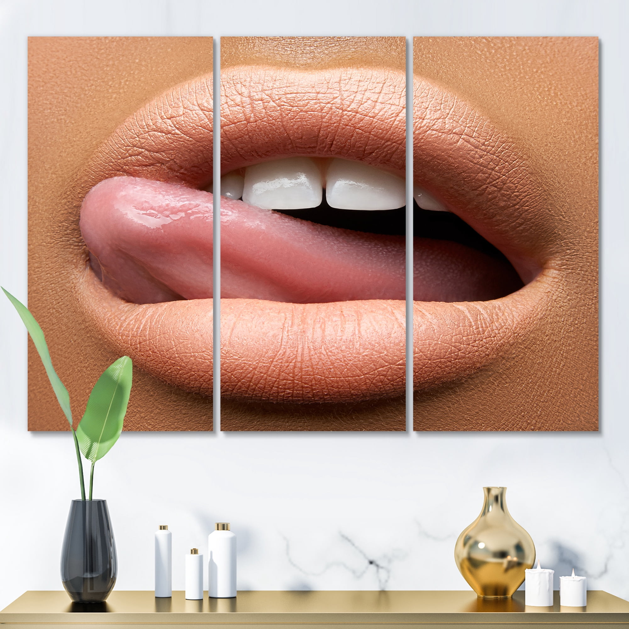 Designart ' Beautiful Dark Skinned Female Tongue Touching Lips ' Modern Canvas Wall Art Print