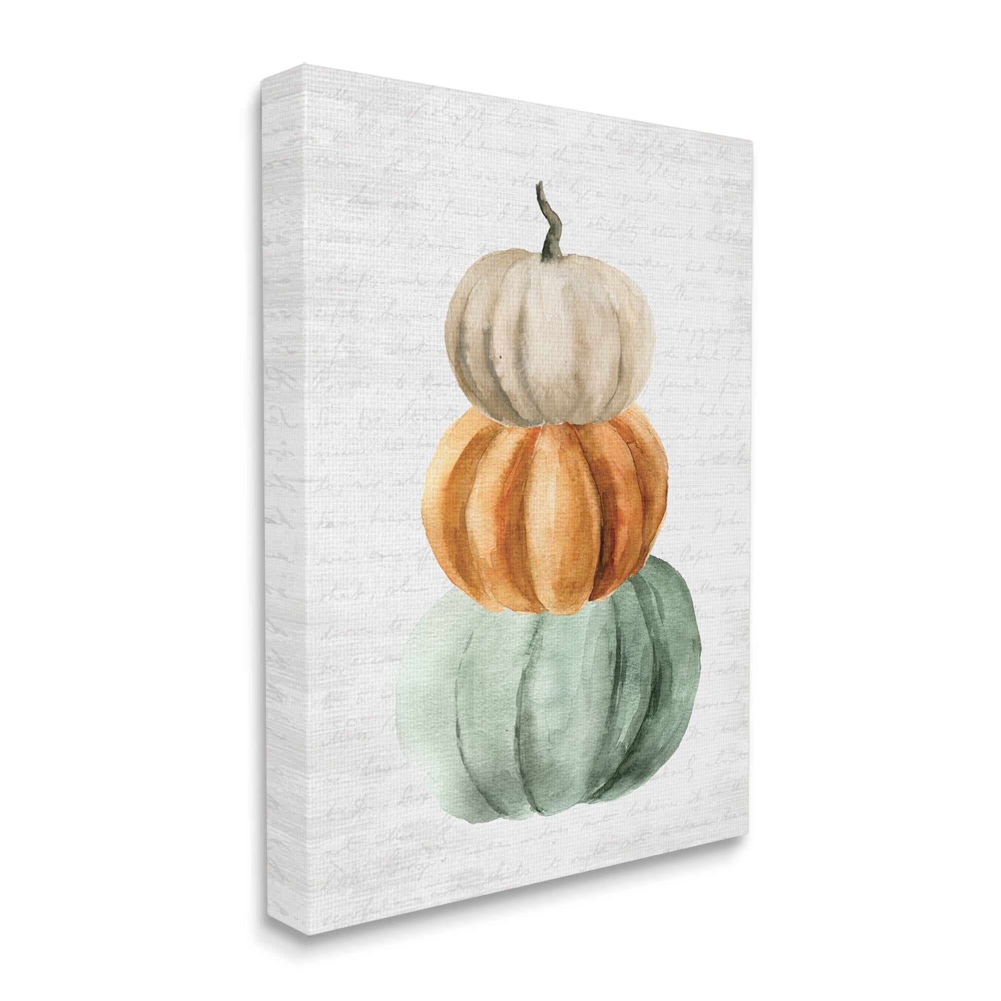 Stacked Autumn Fall Pumpkins Cursive Words Background Botanical & Floral Painting Gallery-Wrapped Canvas Print Wall Art