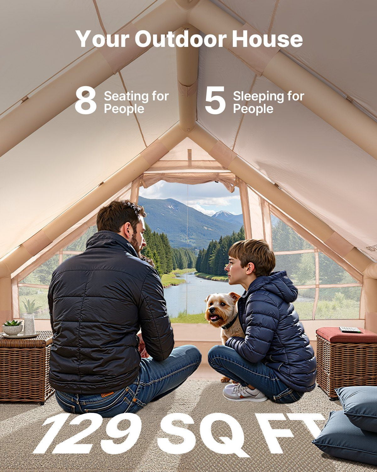 5-8P Air Tent w/Pump & Stove Jack, 300D Oxford, 2D/4W, Storage Bag