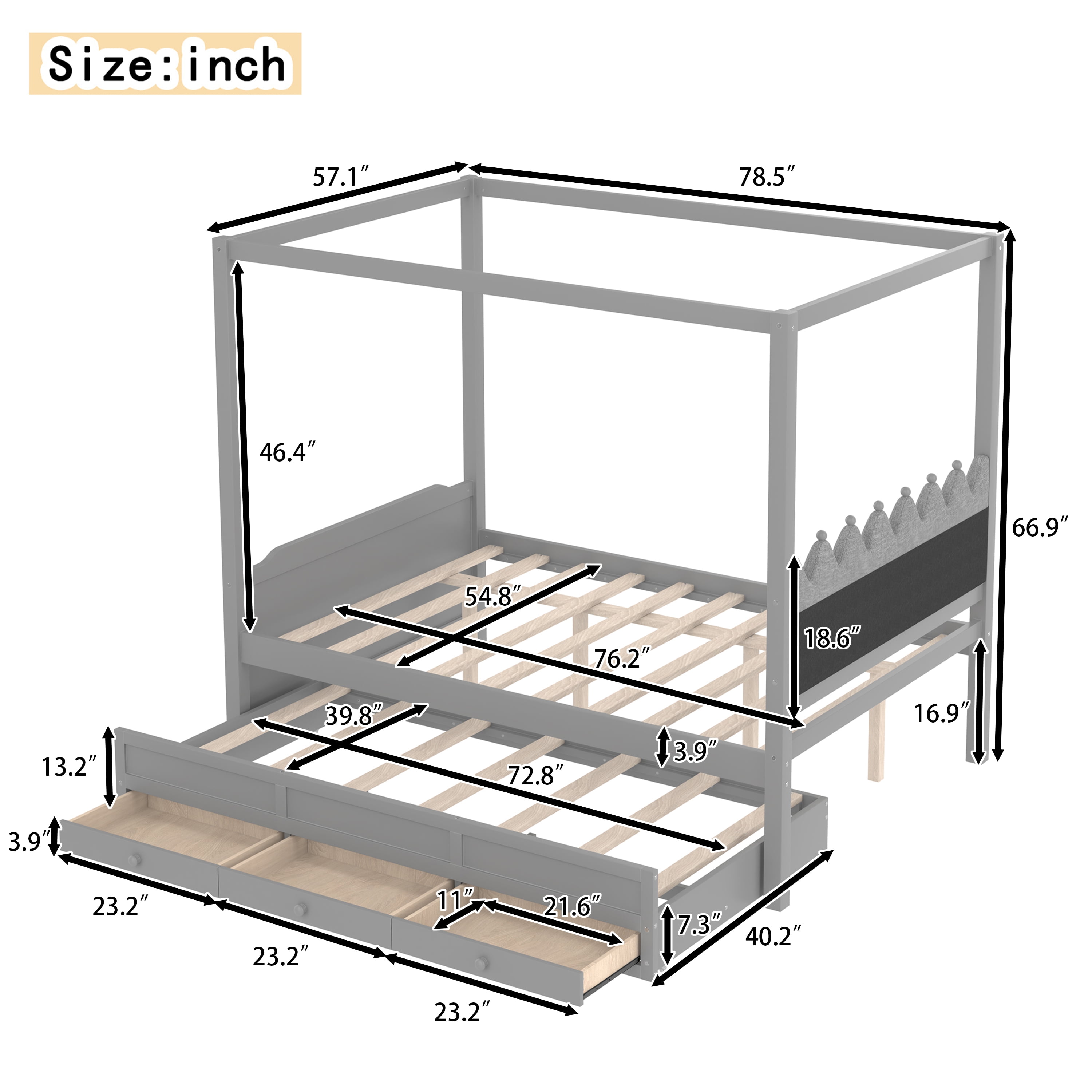 Mintazer Princess Upholstered Headboard Full Size Platform Canopy Bed Frame with Twin Trundle and 3 Storage Drawers for Kids Girls, Gray