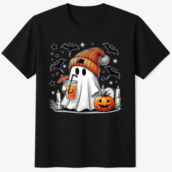 Halloween Shirts for Kids, Cozy Ghost Pumpkin Drink Graphic Cute Halloween T-Shirt