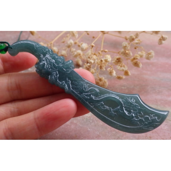 Certified Icy Green Burma 100% Natural A Jade jadeite Pendant Dragon Sword Necklace 658983 TN