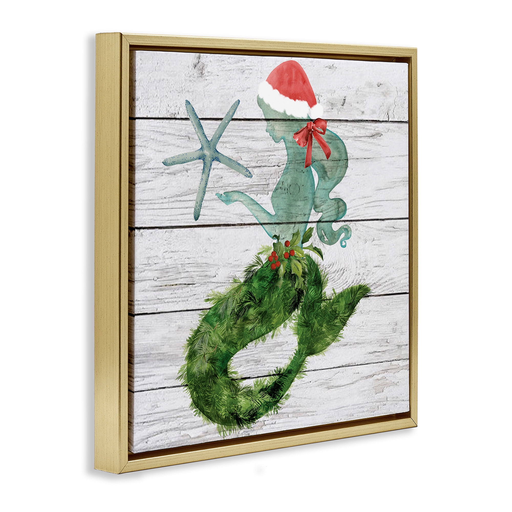 Stupell Industries Christmas Mermaid & Winter Holly Nature Painting Gold Floater Framed Canvas Art Print Wall Art, 25 x 25