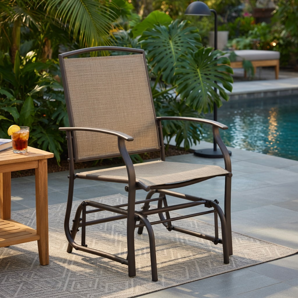 Hommoo Single Steel Frame Garden Glider Chair, Powder-Coated Wrought Iron Rocking Seating with Breathable Fabric Seat, Outdoor Patio Swing for Deck, Backyard & Balcony, Gray