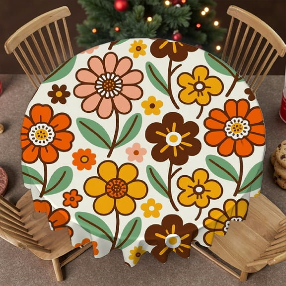 tablecloth round - Retro Groovy Colorful Flowers Print, Holiday-Themed Design 2D Flat Printing Tablecloth for dining table round, Cafe, dinner, brunch, buffet, picnic, 60x60 Inch