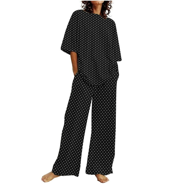 RKSTN Ensemble 2 Pcs pour Femmes Mode Manches Courtes Imprimé Floral avec Pantalon Long à Lacets Décontracté Ample Ensemble Deux Pièces d'Été