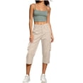 thumbnail image 3 of Horkkom Capri Cargo Pants for Women Button Zip Elastic Waist Pants Outdoor Casual Hiking Pants with Pockets L, 3 of 8