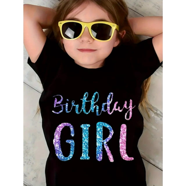 Birthday Girl" Glittery Letter Print Tee - Soft & Breathable Pink Short Sleeve T-Shirt for Girls, Casual Summer Top with Red Beaded Bracelet, Everyday Tshirt | Playful Print Top | Comfortable Fit