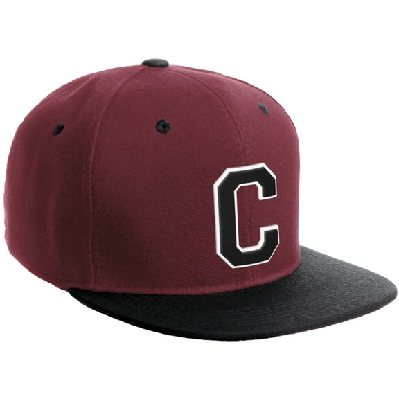 Daxton Classic Snapback Hat Custom A to Z Initial Varsity Letters, Burgundy Black Hat White Black Letter C