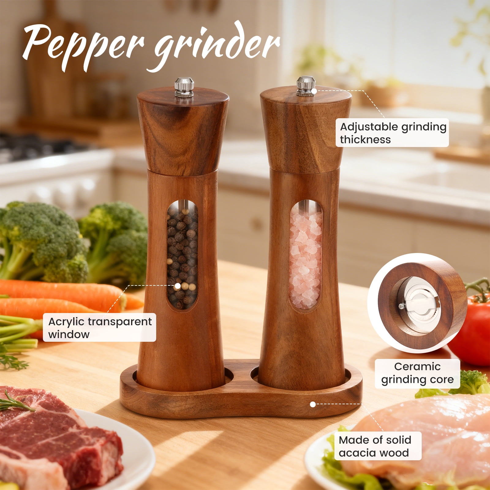 2 PCS Acacia Wooden Salt and Pepper Grinder Set 7.87 Inch Refillable Salt and Pepper Shakers with Clear View Window Ceramic Grinder, Adjustable Coarseness Tray + Cleaning Brush + Wooden Spoon