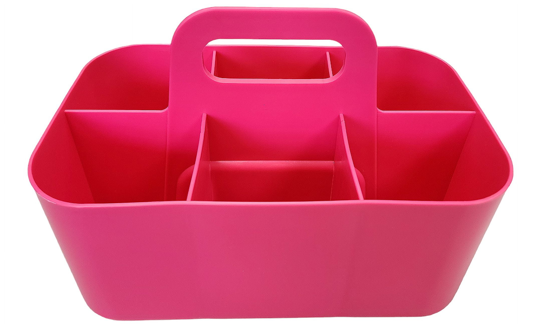 Enjoy Organizer - Small Stackable Plastic Caddy with Handle 6 Compartment | Desk, Makeup, Dorm Caddy, Classroom Art Organizers - 4 Pack, Made In USA (Hot Pink)