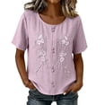 thumbnail image 2 of QUNYINEY Solid Trendy Tops for Women 2026 Short Sleeve Summer Cotton Linen T Shirts Button Pullover Embroidered Loose Fit Crew Neck Tops, 2 of 8