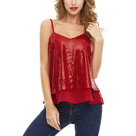 

Women Sexy Sequins Tanks Top Backless Streetwear Loose Camis V-neck Swing Vest Sling Party Clubwear