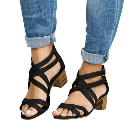 

Fesfesfes Summer Slandals for Women New Cross Strap Zipper Sandals High Heel Chunky Heel Women Sandals