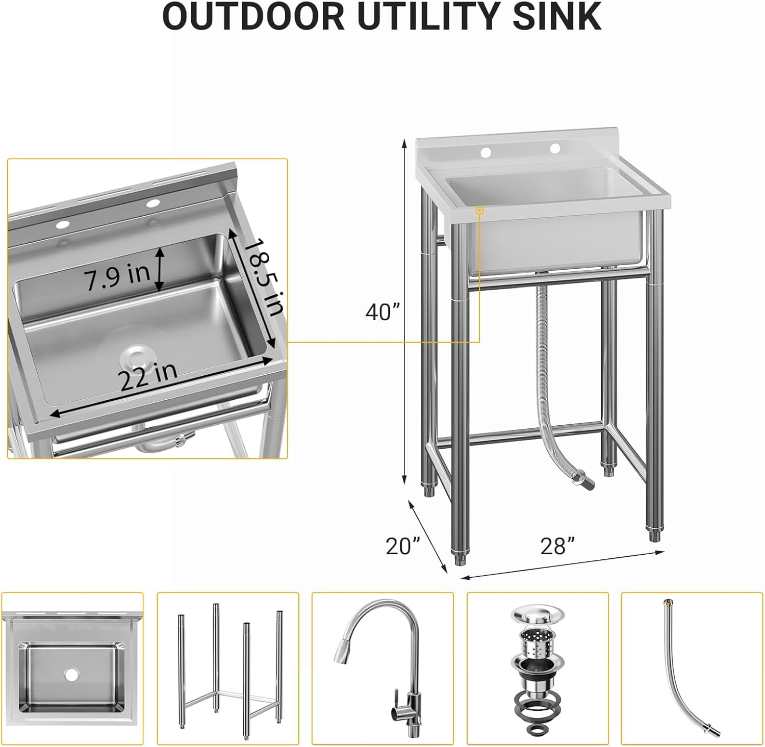 21 Inch Commercial Kitchen Sink, Single Bowl Stainless Steel Utility Sink with Backsplash, Freestanding Washing Hand Basin for Outdoor, Garage, Restaurant, Laundry Room
