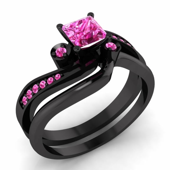 Hitanshu Jewels 0.75Ct Princess Simulated Sapphire Bridal Wedding Ring Set 14k Black Gold Plated