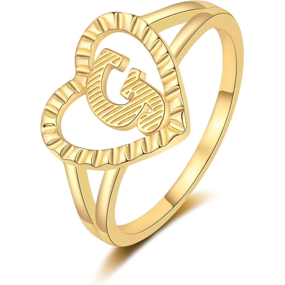 Gold Initial Ring for Women Vintage Initial Heart Love Ring Non Tarnish 14K Gold Plated Personalized Carved Letter Statement Ring Size 6-10 Jewelry Gifts
