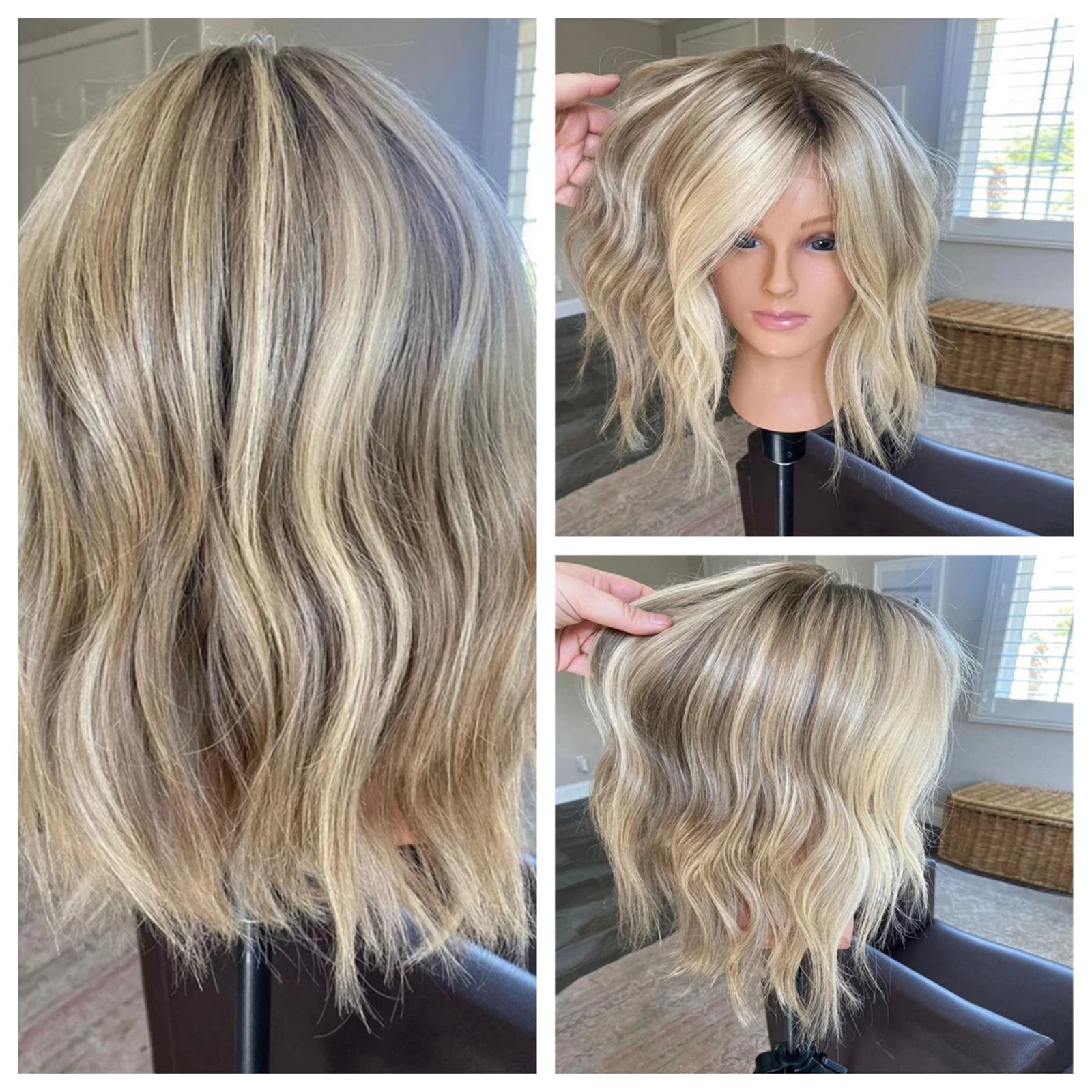 High Heat Fibre Ash Blonde Highlights HD Lace Wigs for Women 13x4 Glueless Short Bob Wavy Wig