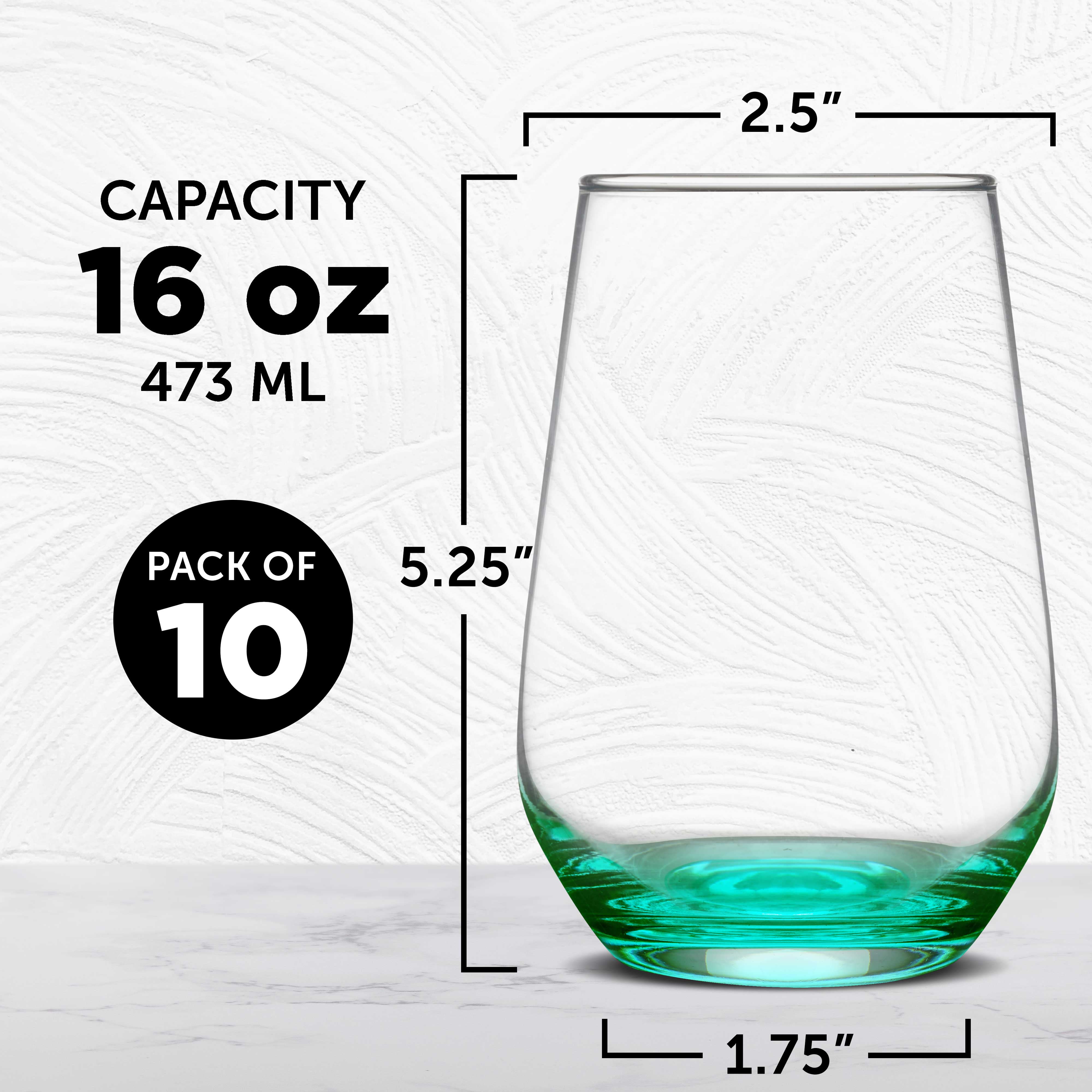 10 Vaso Silicia Stemless Wine Glasses Set, 16 oz. - Clear, Orb-Like, Thick base - Green
