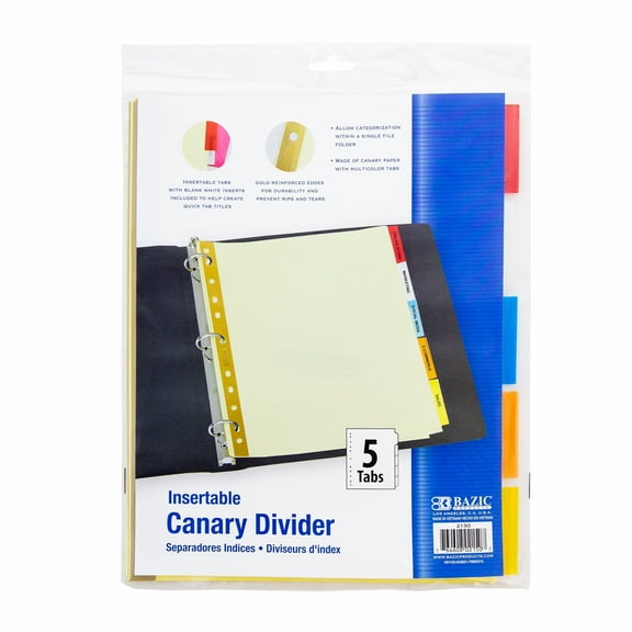 BAZIC Binder Dividers Canary Paper Insertable Color Tabs, 11 Hole Index Divider, 5 Count
